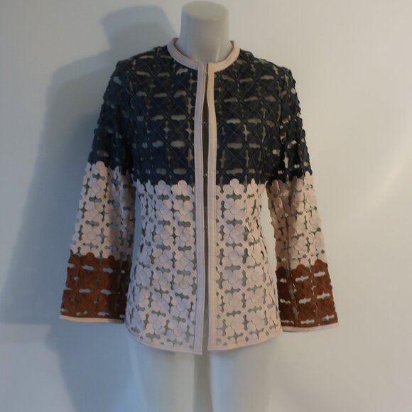 Caban Romantic Navy Blush Brown Laser Cut Leather Applications Jacket 48 US/XL - Picture 4 of 11